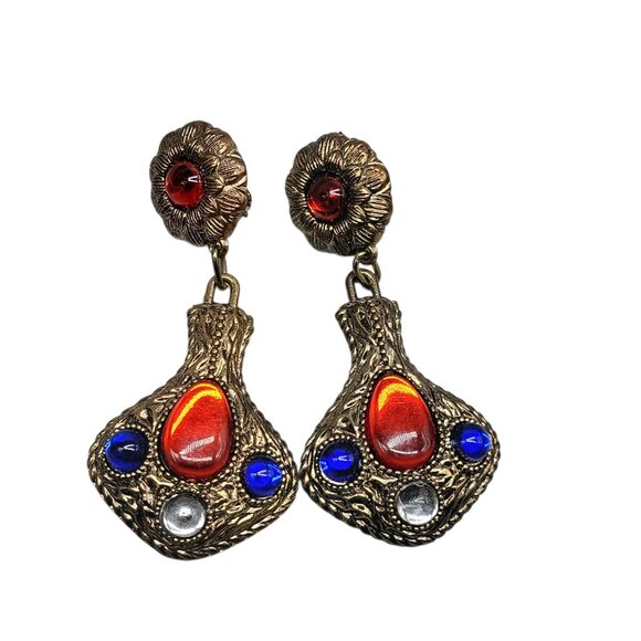 Vintage 1960s 70s Boho Clip On Earrings Red Blue White Cabochon Gold Tone Dangle - Picture 5 of 13